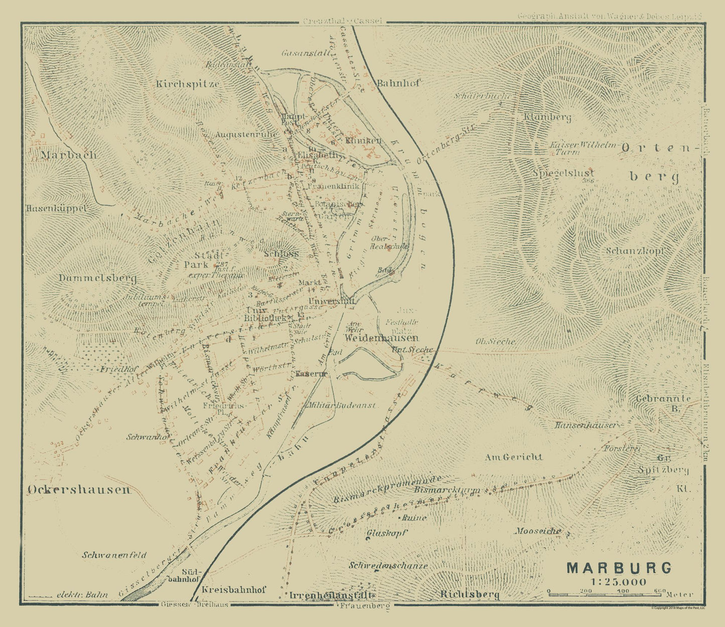 Historic Map - Marburg Germany - Baedeker 1914 - 26.61 x 23 - Vintage Wall Art