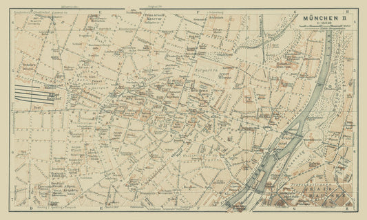 Historic Map - Central Munchen Germany  - Baedeker 1914 - 38.29 x 23 - Vintage Wall Art