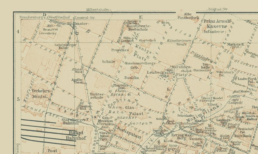 Historic Map - Central Munchen Germany  - Baedeker 1914 - 38.29 x 23 - Vintage Wall Art