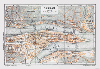 Historic Map - Passau Germany - Baedeker 1914 - 33.39 x 23 - Vintage Wall Art