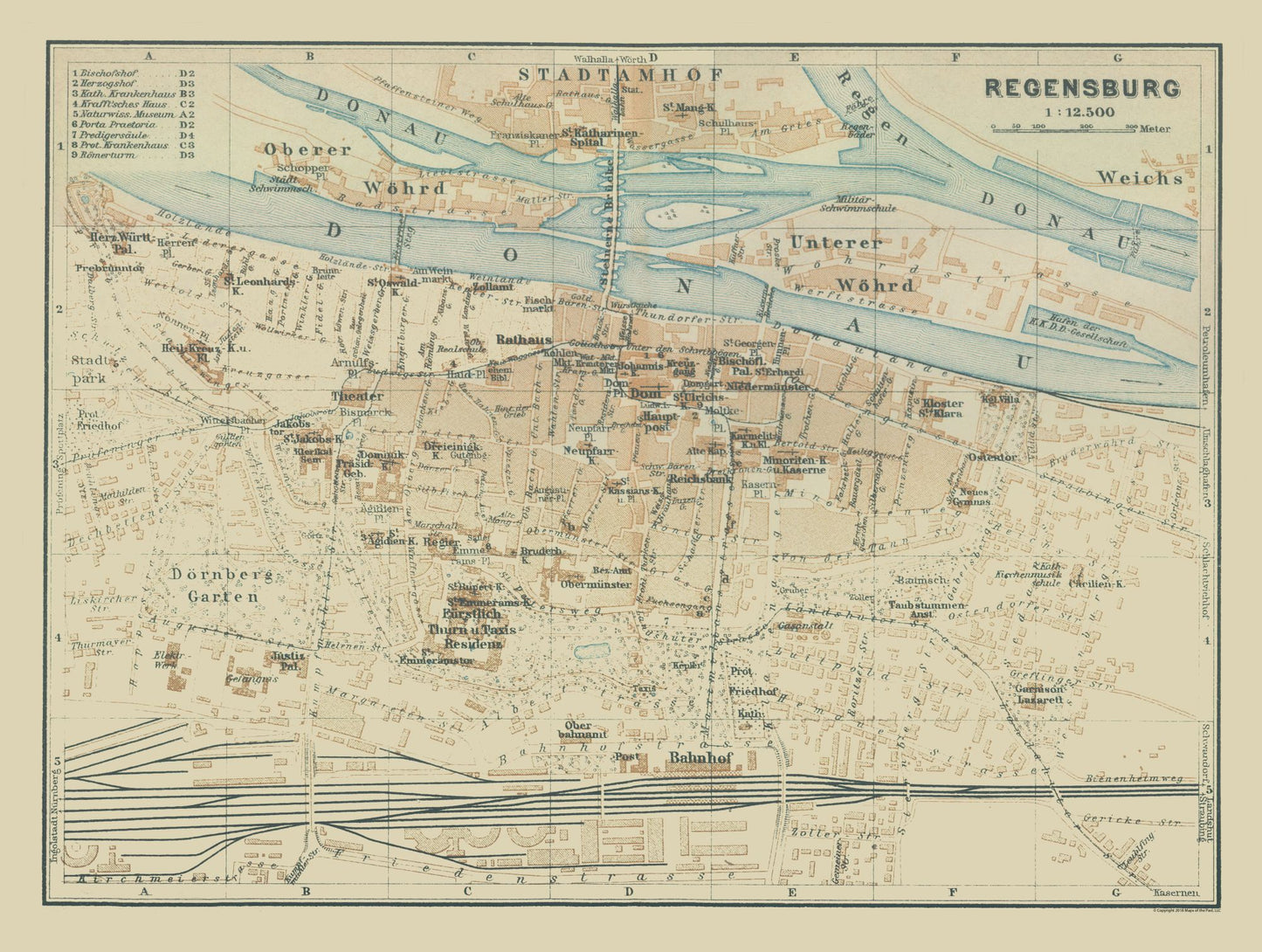 Historic Map - Regensburg Germany - Baedeker 1914 - 30.49 x 23 - Vintage Wall Art