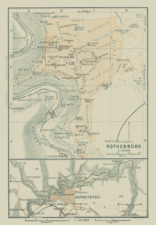 Historic Map - Rothenburg ob der Tauber Germany - Baedeker 1914 - 23 x 33.12 - Vintage Wall Art