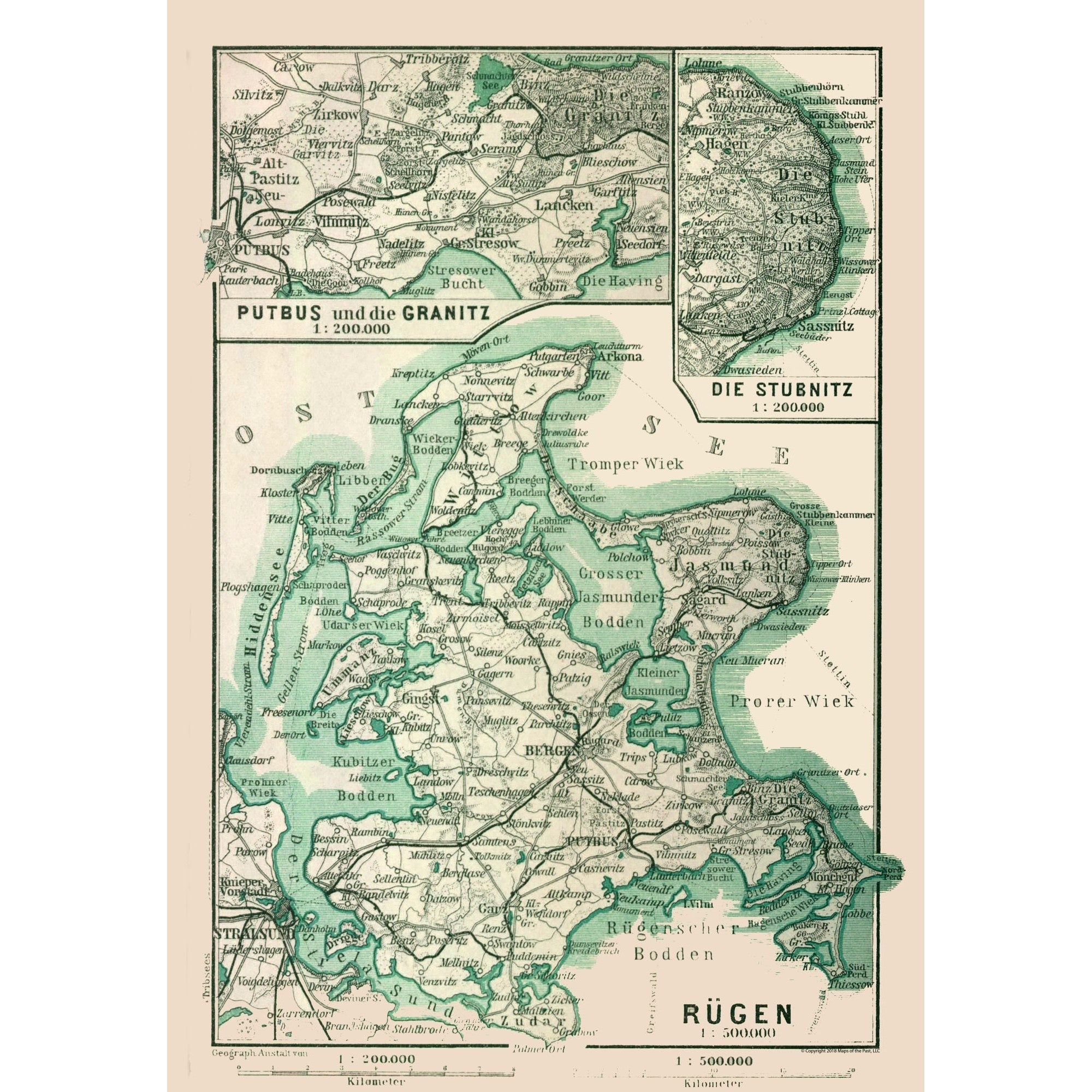 Historic Map - Rugen Island Germany - Baedeker 1914 - 23 x 33.16 - Vin ...