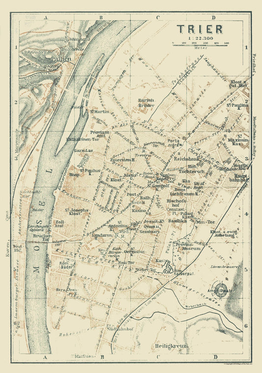 Historic Map - Trier Germany - Baedeker 1914 - 23 x 32.64 - Vintage Wall Art