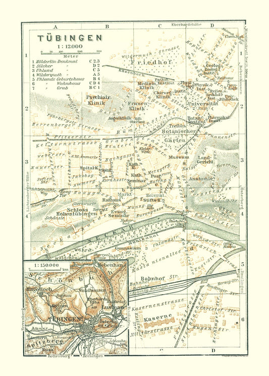 Historic Map - Tubingen Germany - Baedeker 1914 - 23 x 32.13 - Vintage Wall Art