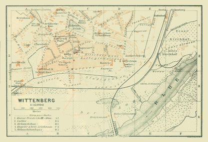 Historic Map - Wittenberg Germany - Baedeker 1914 - 33.63 x 23 - Vintage Wall Art