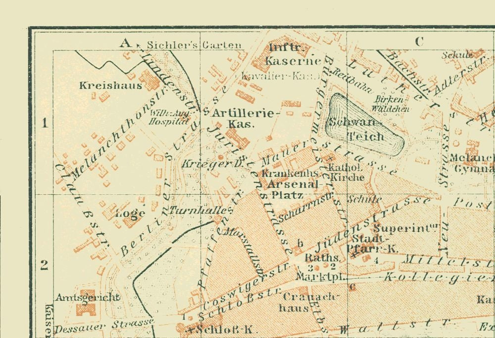 Historic Map - Wittenberg Germany - Baedeker 1914 - 33.63 x 23 - Vintage Wall Art