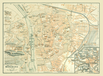 Historic Map - Wurzburg Germany - Baedeker 1914 - 30.84 x 23 - Vintage Wall Art