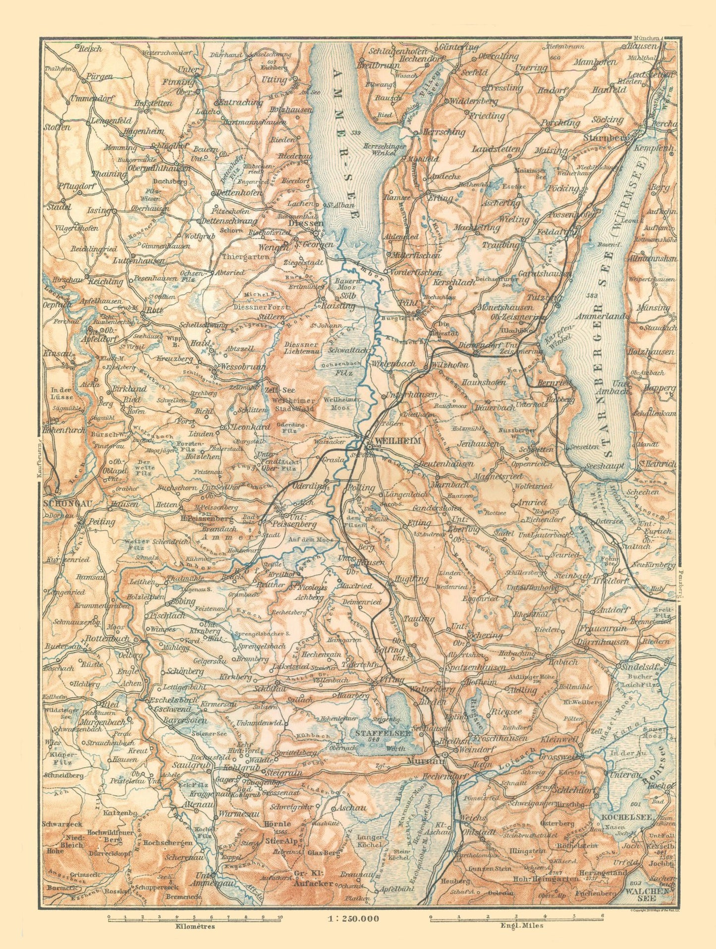 Historic Map - Southern Germany - Baedeker 1896 - 23 x 30.46 - Vintage Wall Art