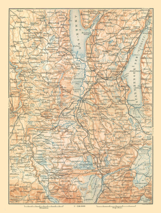 Historic Map - Southern Germany - Baedeker 1896 - 23 x 30.46 - Vintage Wall Art