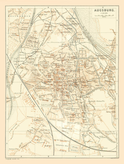 Historic Map - Augsburg Germany - Baedeker 1896 - 23 x 30.36 - Vintage Wall Art