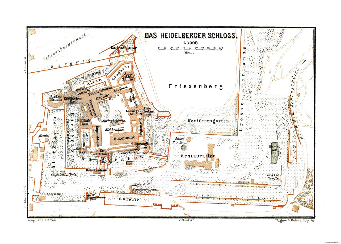 Historic Map - Heidelberg Castle Germany - Baedeker 1896 - 32.11 x 23 - Vintage Wall Art