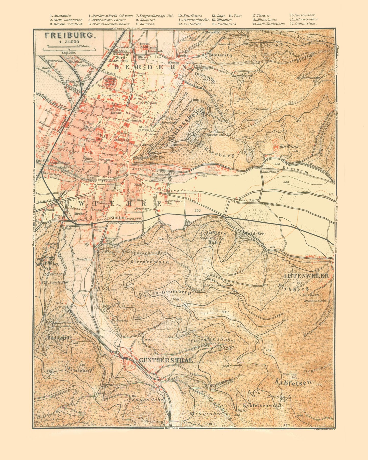 Historic Map - Freiburg Germany - Baedeker 1896 - 23 x 28.73 - Vintage Wall Art