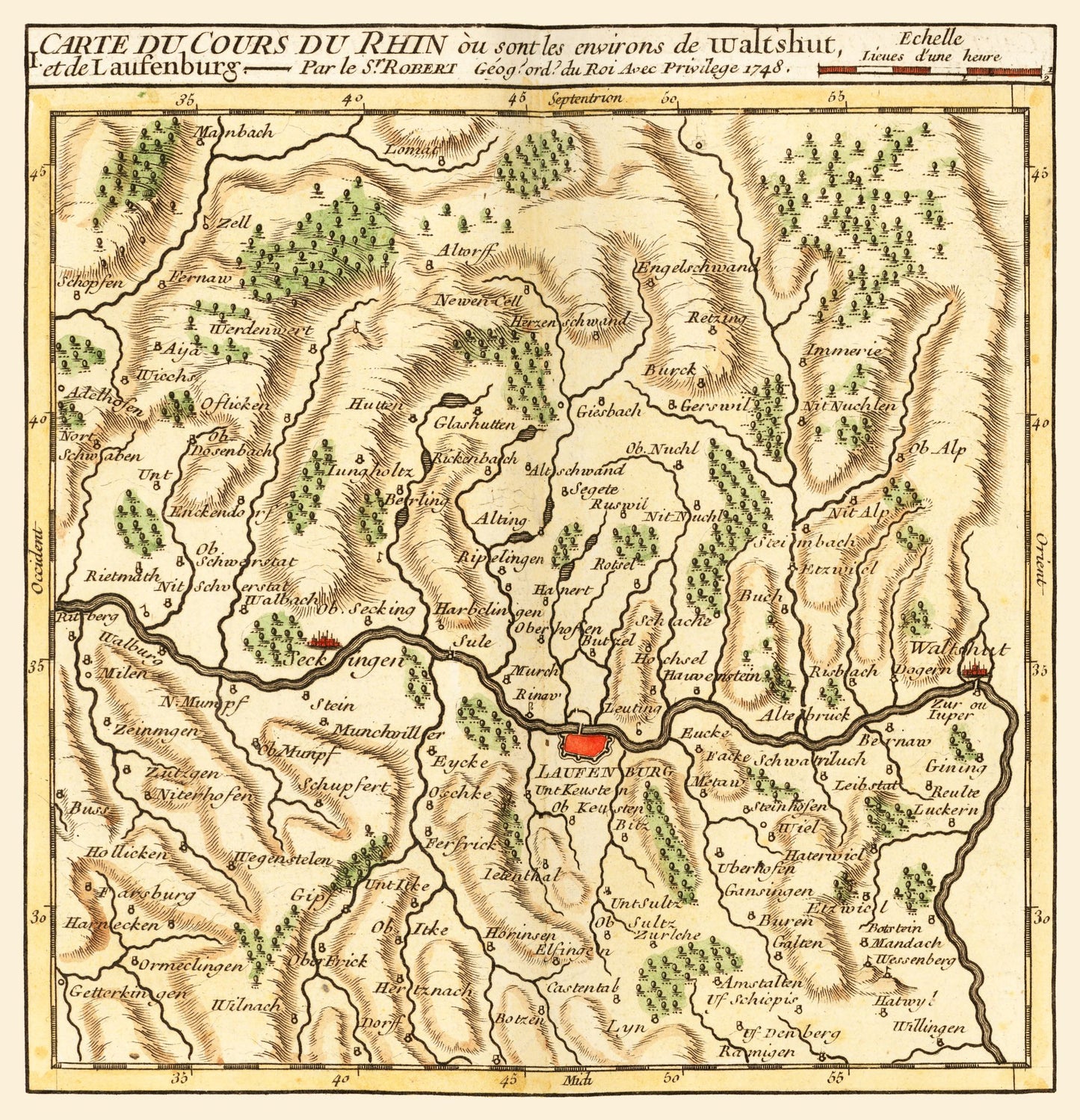 Historic Map - Rhine River Laufenburg Waldshut Germany - Robert 1748 - 23 x 23.85 - Vintage Wall Art