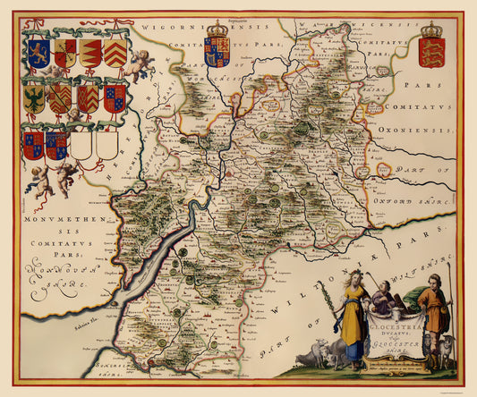 Historic Map - Glocestershire County England - Jansson 1646 - 23 x 27 - Vintage Wall Art