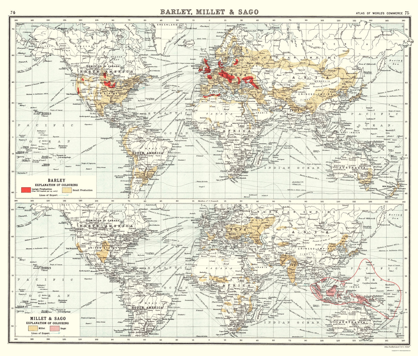 Historic Map - Global Barley Millet Sago - Bartholomew 1907 - 23 x 27 - Vintage Wall Art