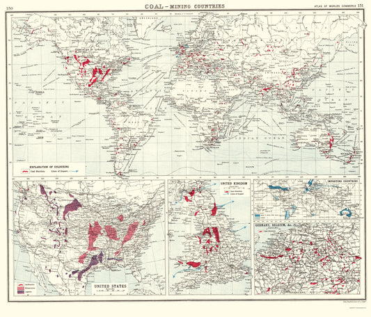 Historic Mine Map - Global Coal Mining Countries - Bartholomew 1907 - 23 x 26.86 - Vintage Wall Art