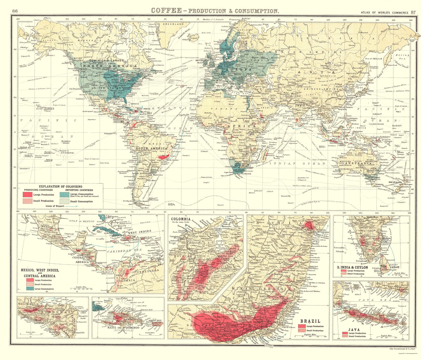 Historic Map - Global Coffee Production Consumption - Bartholomew 1907 - 23 x 26 - Vintage Wall Art