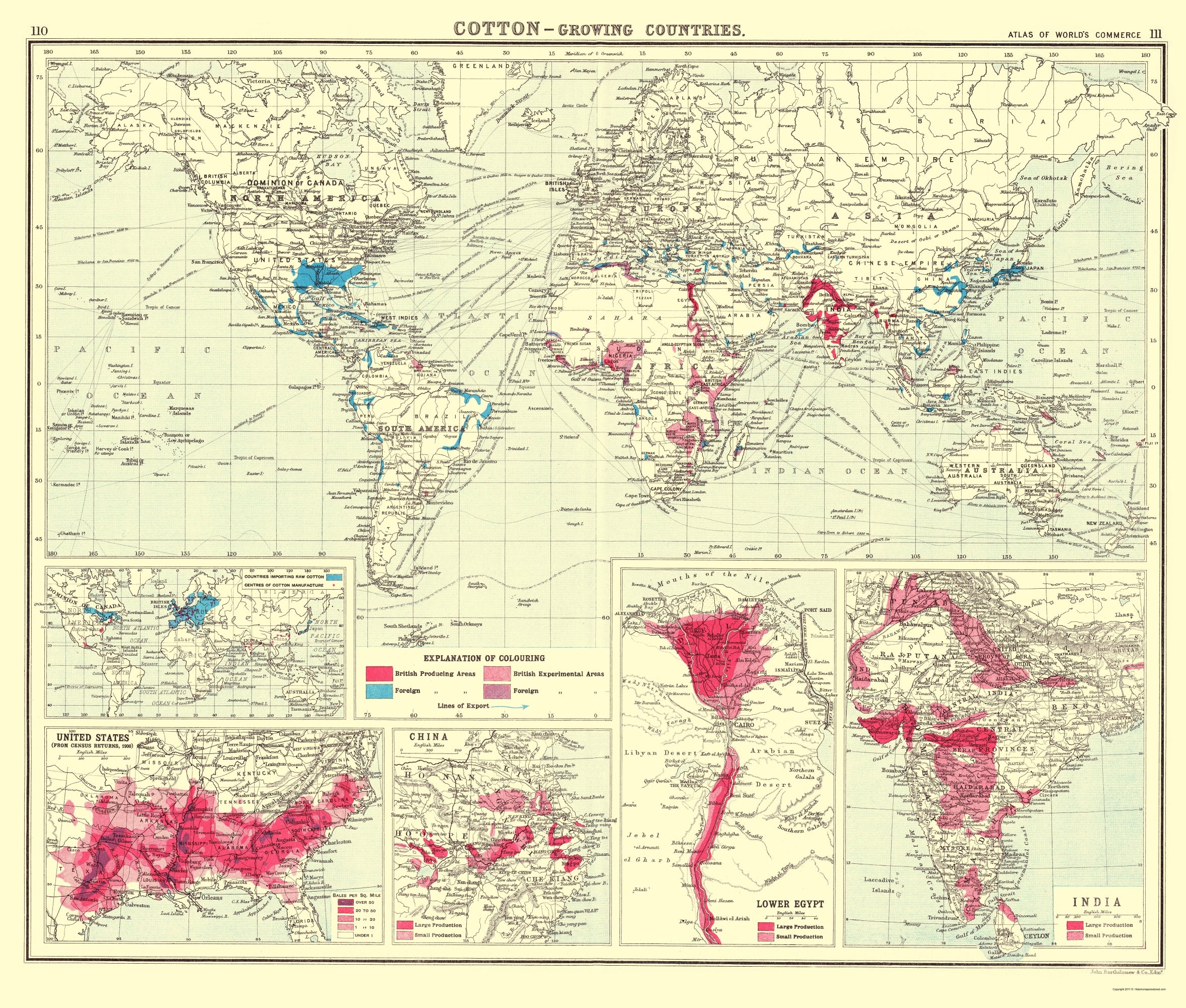 Cutton Map Historic Map - Global Cotton Growing Contries - Bartholomew 1907 - Vin ...