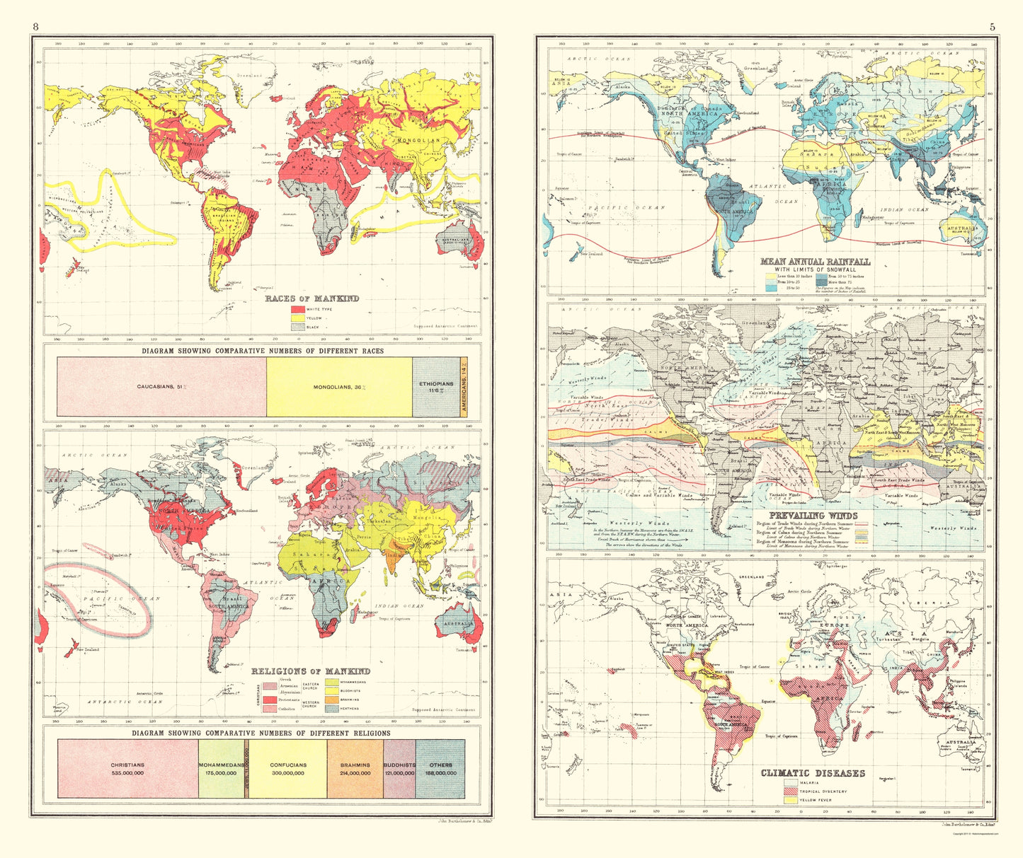Historic Map - Global Race Religion Rainfall Winds Disease - Bartholomew 1907 - 23 x 27 - Vintage Wall Art