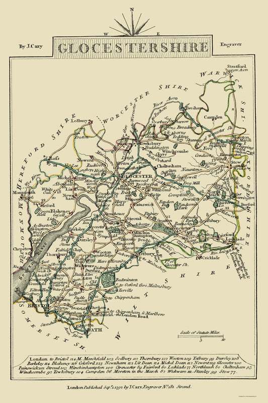 Historic Map - Glocestershire County England - Cary 1792 - 23 x 34.53 - Vintage Wall Art