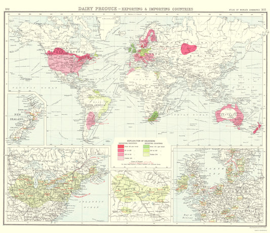 Historic Map - Global Dairy Produce Exporting Importing - Bartholomew 1907 - 23 x 26.59 - Vintage Wall Art