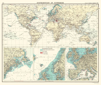 Historic Map - Global Fisheries Distribution - Bartholomew 1907 - 23 x 27.14 - Vintage Wall Art