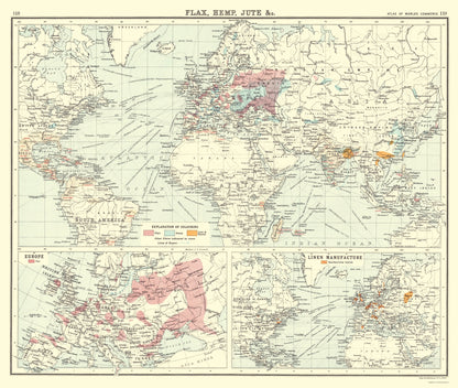 Historic Map - Global Production Flax Hemp Jute - Bartholomew 1907 - 23 x 27.18 - Vintage Wall Art