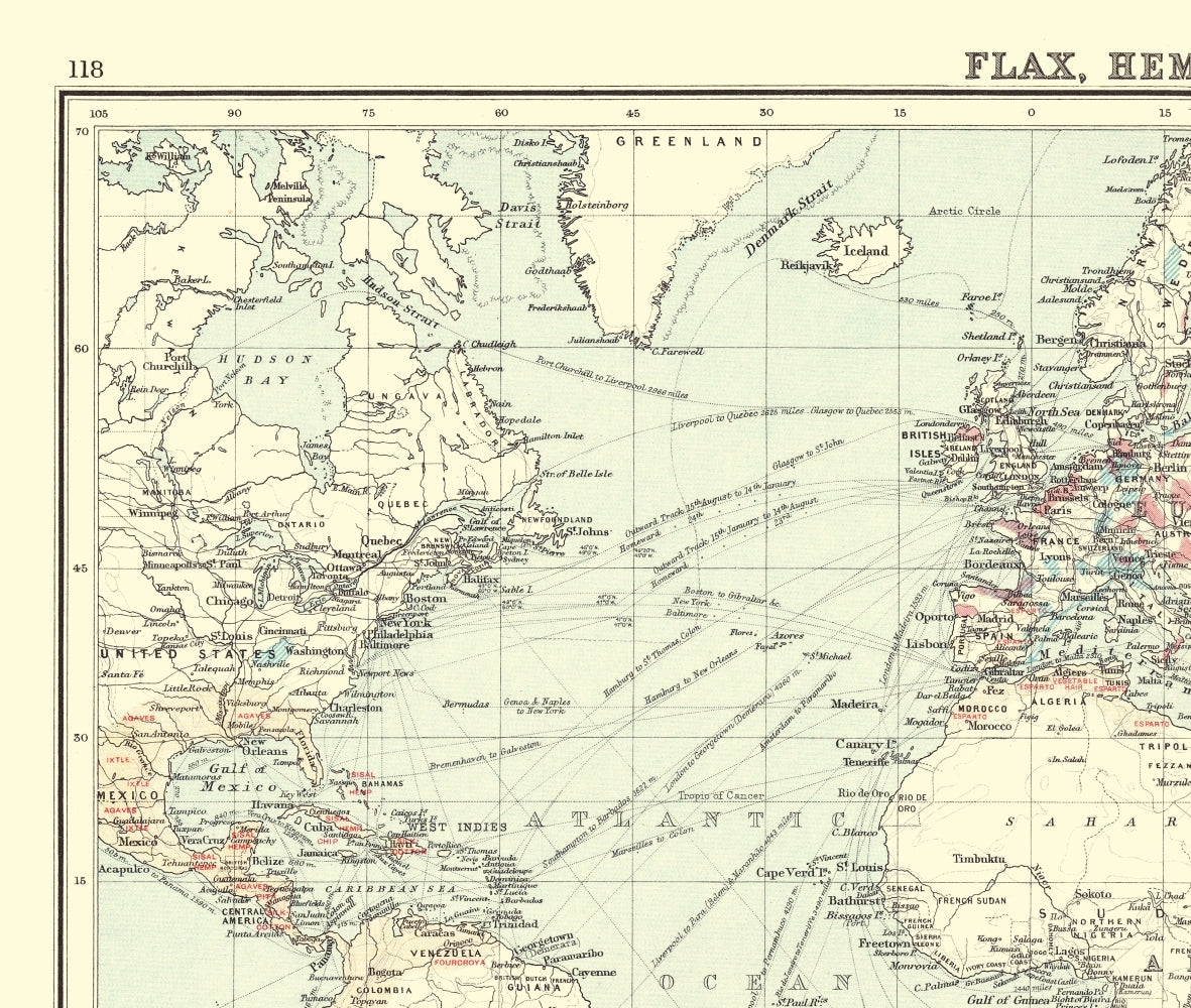 Historic Map - Global Production Flax Hemp Jute - Bartholomew 1907 - 23 x 27.18 - Vintage Wall Art