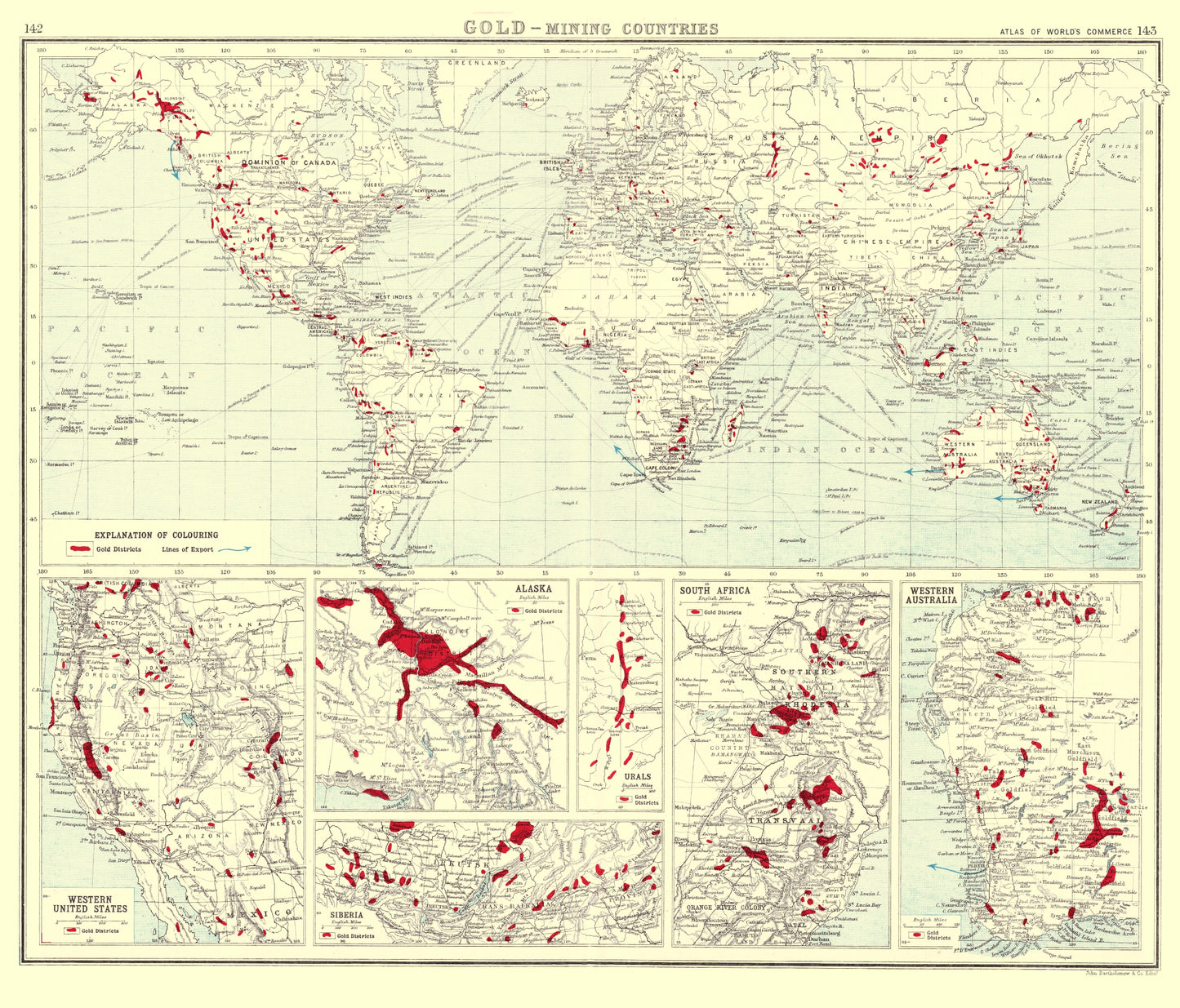 Historic Mine Map - Global Gold Mining Countries - Bartholomew 1907 - 23 x 26.91 - Vintage Wall Art