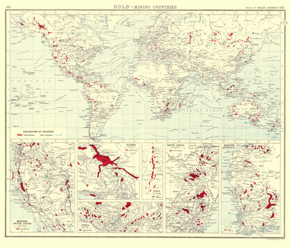 Historic Mine Map - Global Gold Mining Countries - Bartholomew 1907 - 23 x 26.91 - Vintage Wall Art