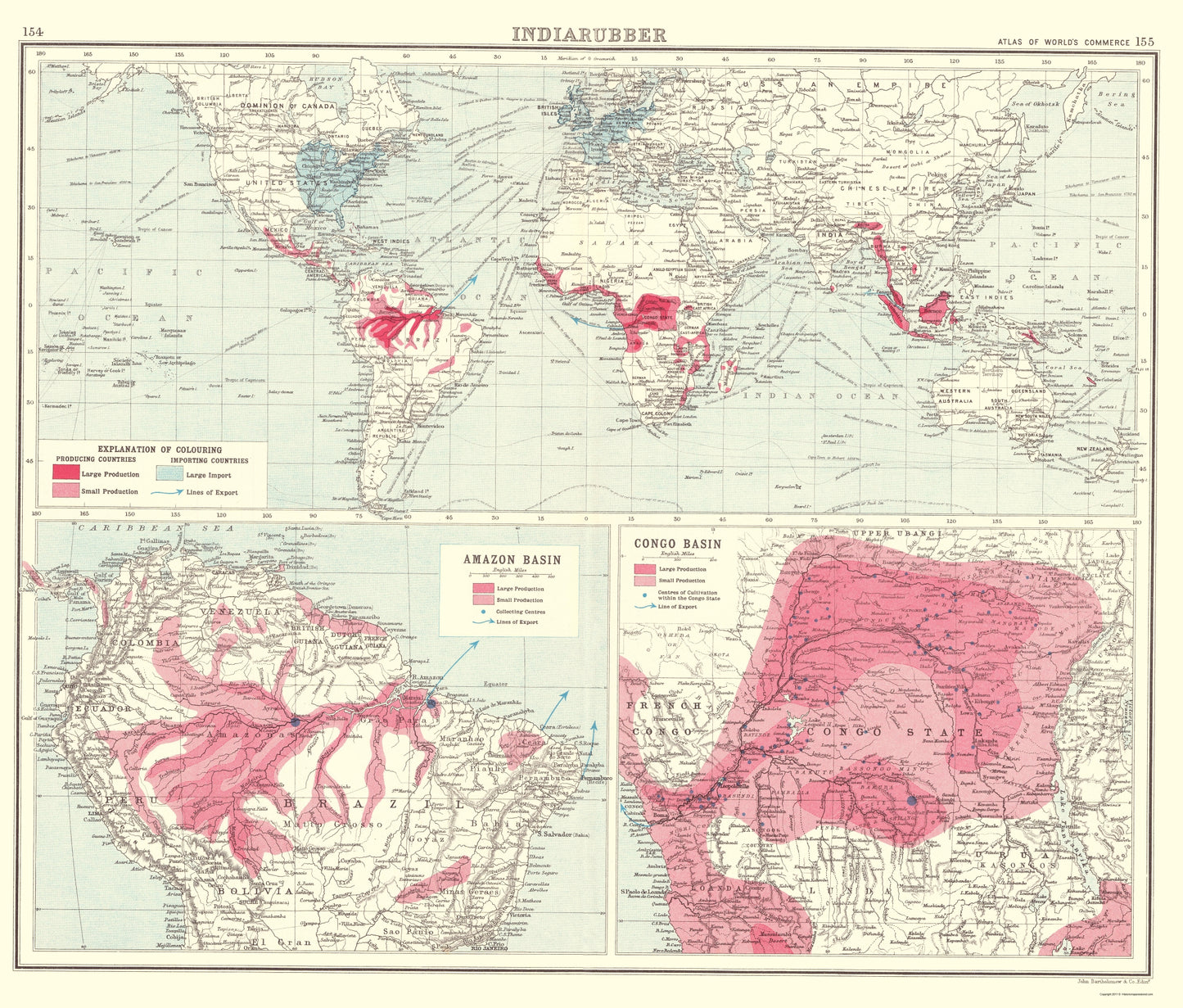 Historic Map - Global India Rubber - Bartholomew 1907 - 23 x 27 - Vintage Wall Art