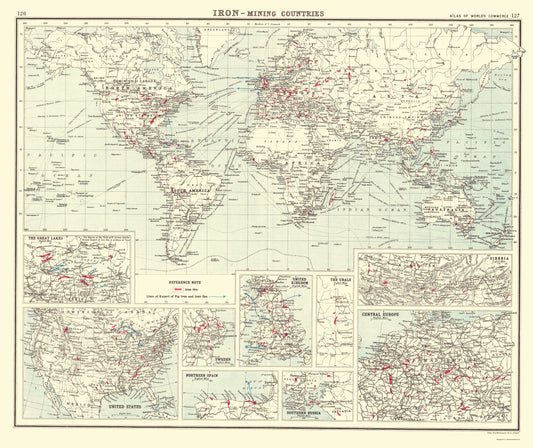 Historic Mine Map - Global Iron Mining Countries - Bartholomew 1907 - 23 x 27.38 - Vintage Wall Art