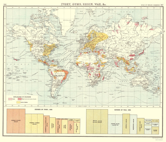 Historic Map - Global Ivory Gums Resin Wax - Bartholomew 1907 - 23 x 26 - Vintage Wall Art