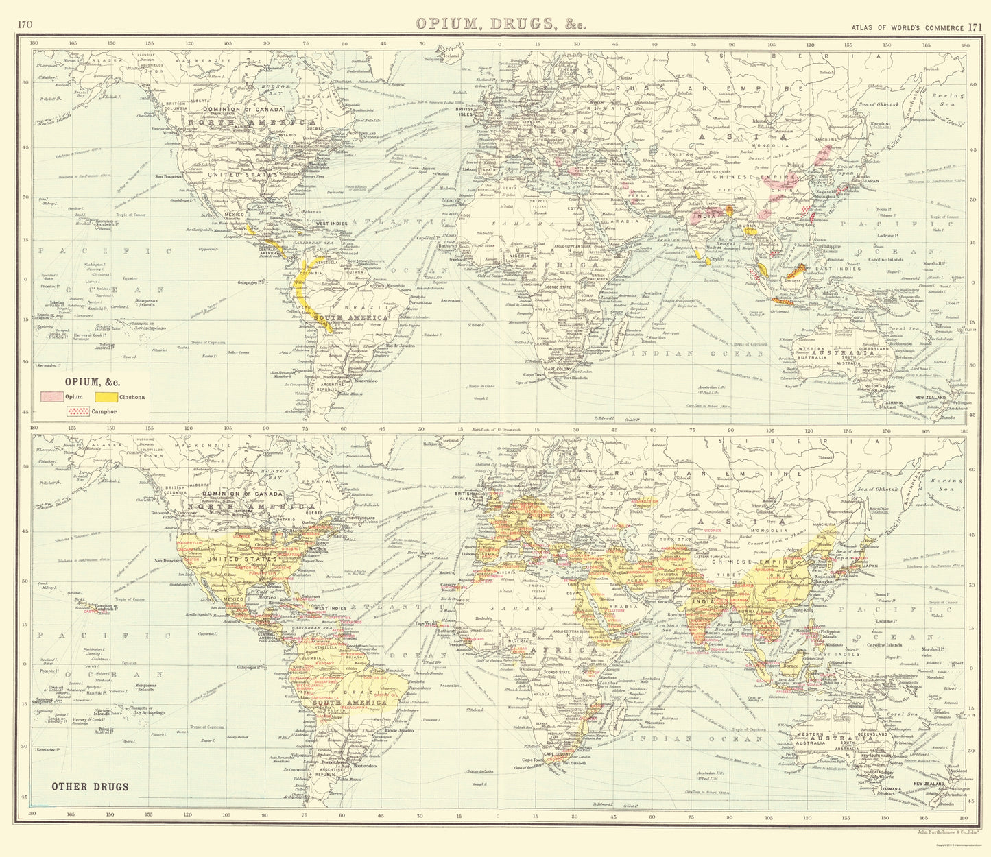 Historic Map - Global Opium Drugs - Bartholomew 1907 - 23 x 26.59 - Vintage Wall Art