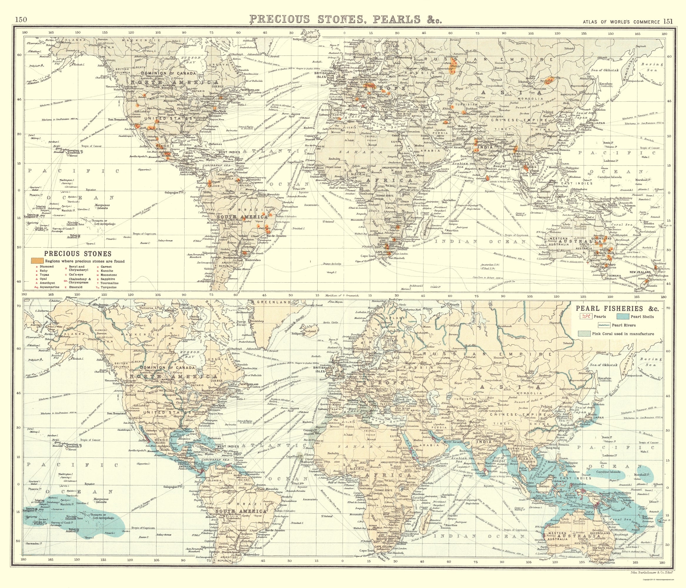 Pearl Making Map Historic Map - Global Precious Stones Pearls - Bartholomew 1907 - 23 x ...