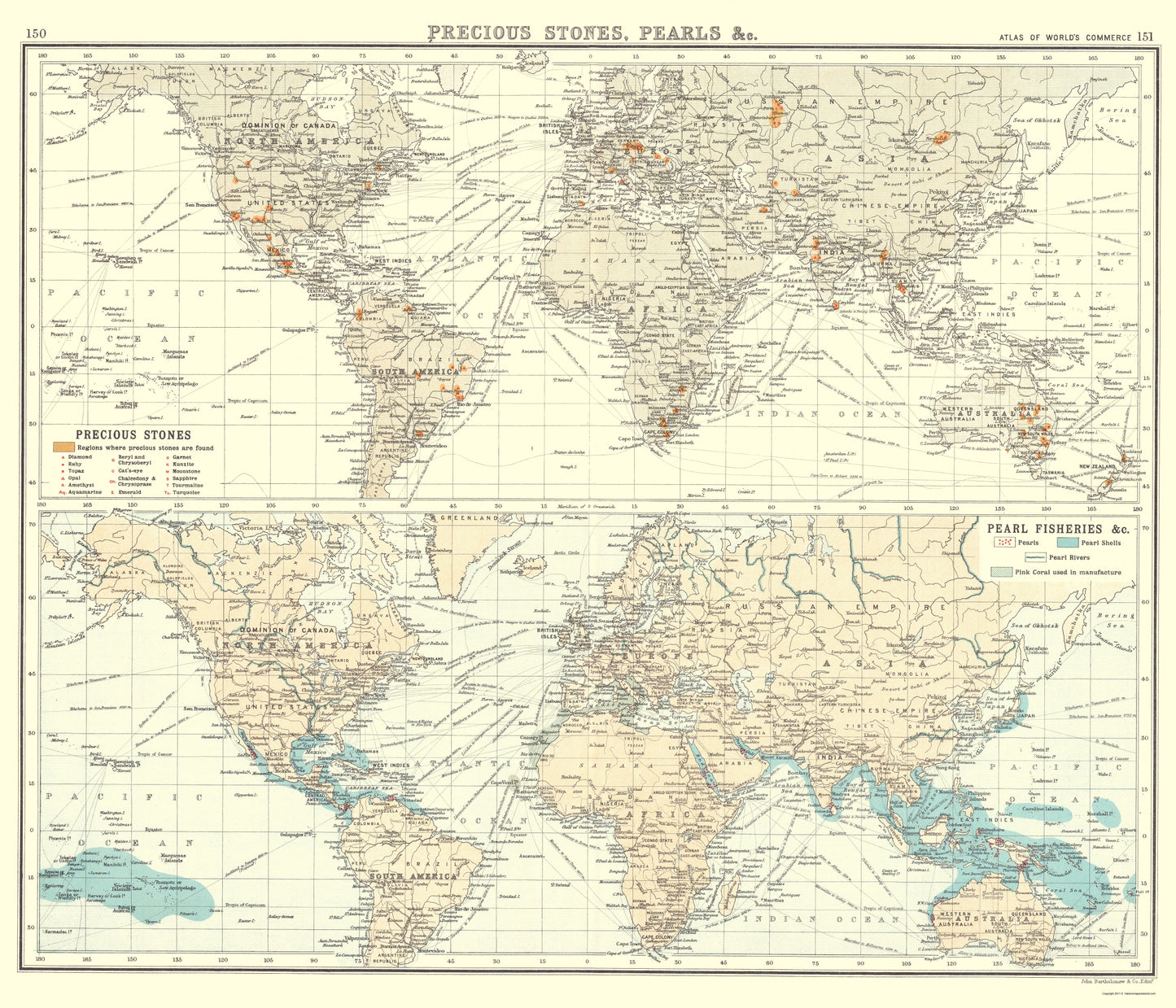 Historic Map - Global Precious Stones Pearls - Bartholomew 1907 - 23 x 26 - Vintage Wall Art