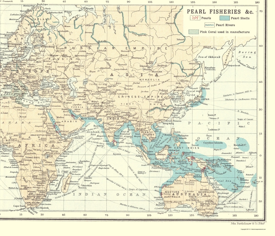Historic Map - Global Precious Stones Pearls - Bartholomew 1907 - 23 x 26 - Vintage Wall Art