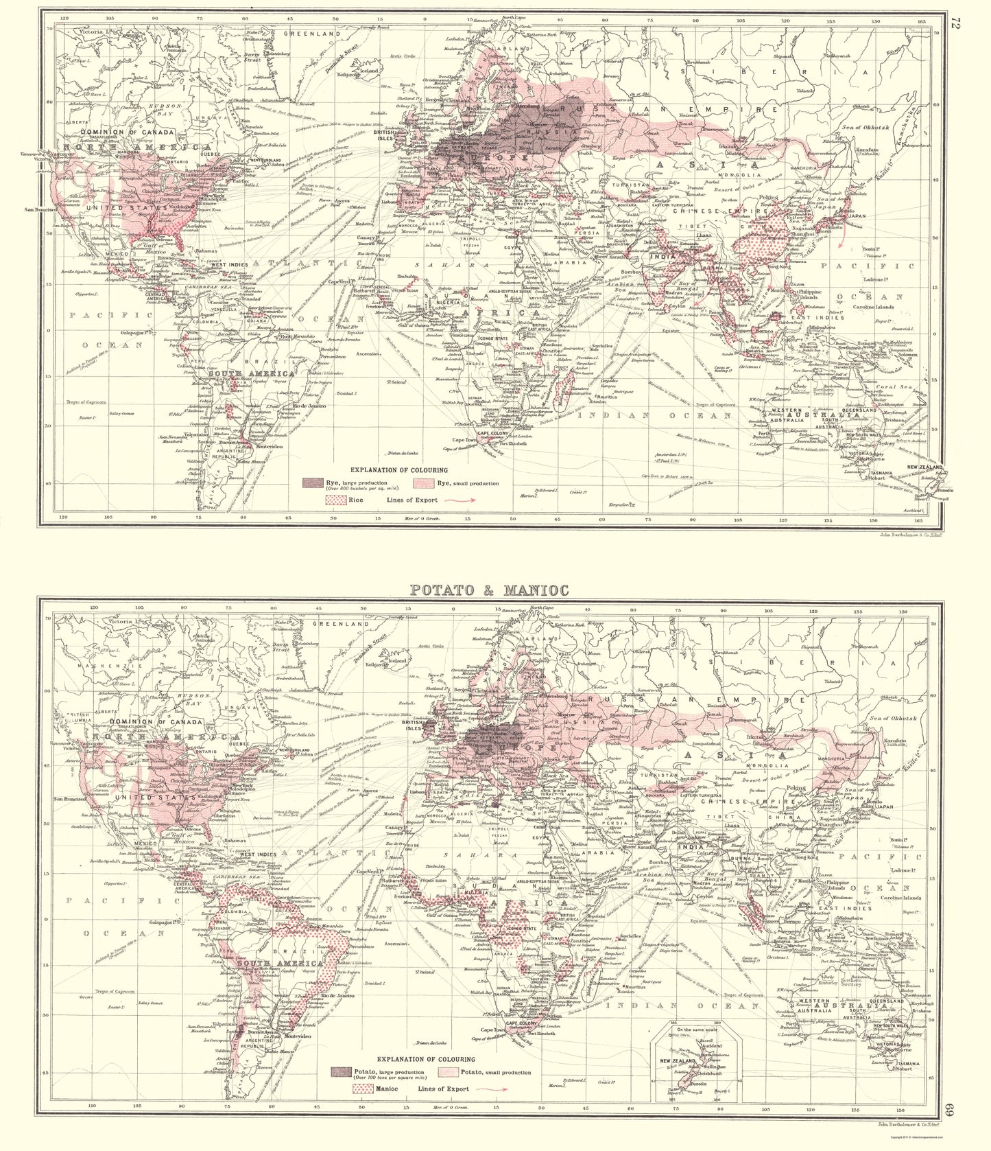 Historic Map - Global Potato Manioc - Bartholomew 1907 - 23 x 26 - Vintage Wall Art