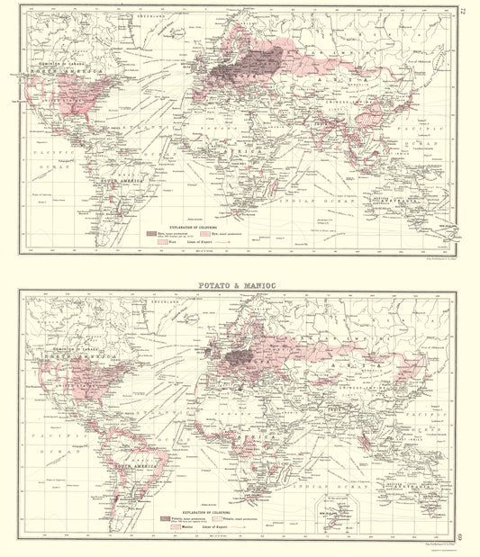 Historic Map - Global Potato Manioc - Bartholomew 1907 - 23 x 26 - Vintage Wall Art