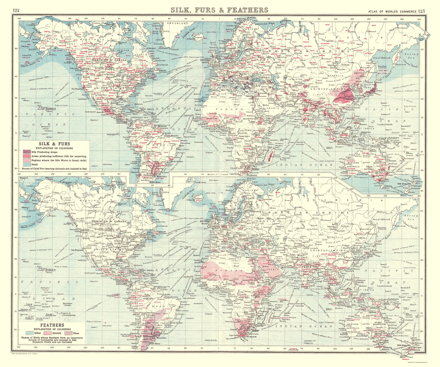 Historic Map - Global Silk Furs Feathers - Bartholomew 1907 - 23 x 27 - Vintage Wall Art