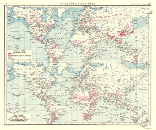 Historic Map - Global Silk Furs Feathers - Bartholomew 1907 - 23 x 27 - Vintage Wall Art