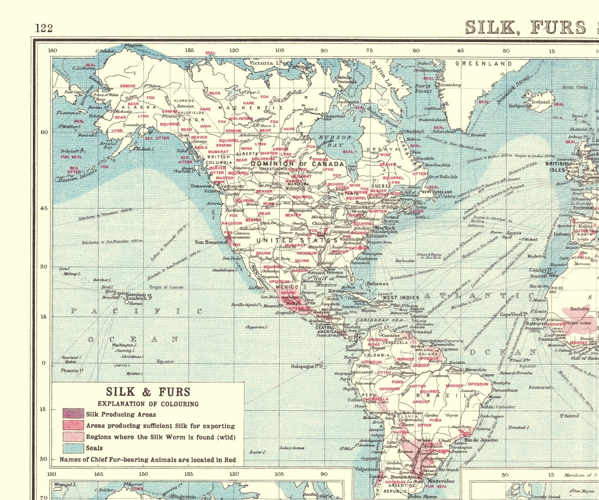 Historic Map - Global Silk Furs Feathers - Bartholomew 1907 - 23 x 27 - Vintage Wall Art