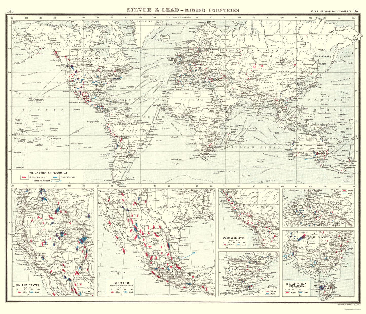 Historic Mine Map - Global Silver Lead Mining Countries - Bartholomew 1907 - 23 x 26.82 - Vintage Wall Art