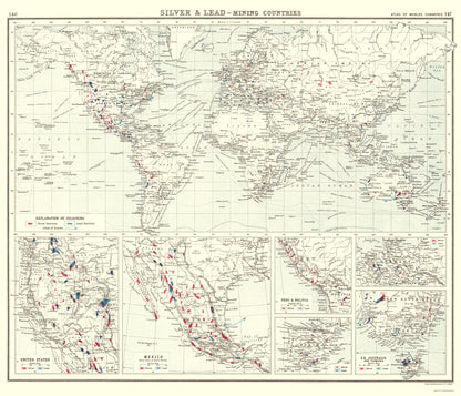 Historic Mine Map - Global Silver Lead Mining Countries - Bartholomew 1907 - 23 x 26.82 - Vintage Wall Art