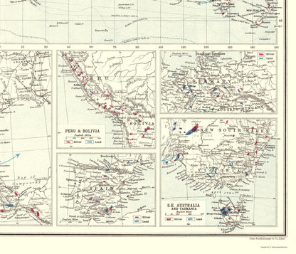 Historic Mine Map - Global Silver Lead Mining Countries - Bartholomew 1907 - 23 x 26.82 - Vintage Wall Art
