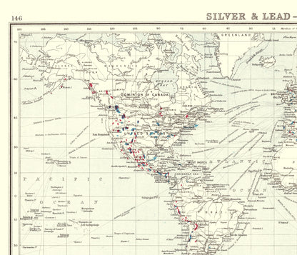 Historic Mine Map - Global Silver Lead Mining Countries - Bartholomew 1907 - 23 x 26.82 - Vintage Wall Art