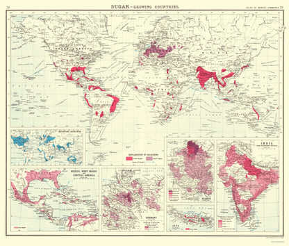 Historic Map - Global Sugar Growing Countries - Bartholomew 1907 - 23 x 27.00 - Vintage Wall Art