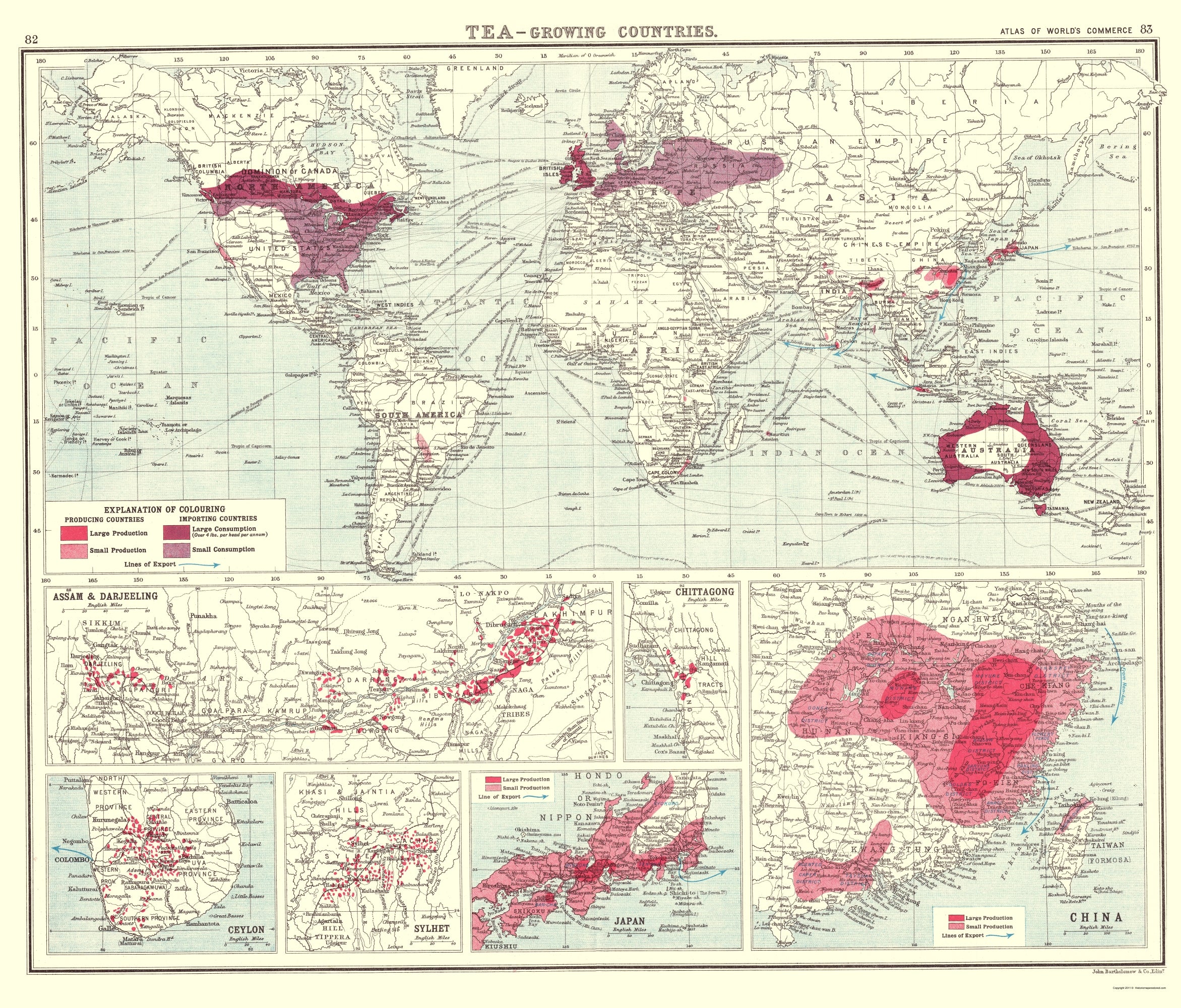 Historic Map - Global Tea Growing Countries - Bartholomew 1907 - Vinta ...