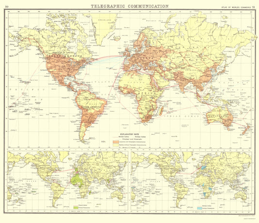 Historic Map - Global Telegraphic Communication - Bartholomew 1907 - 23 x 26.71 - Vintage Wall Art